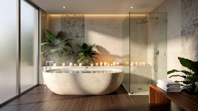 Salle de bain spa moderne avec baignoire en pierre, lumière naturelle et plantes pour un espace détente chez soi