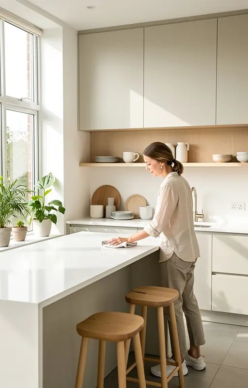 femme française cuisinant calmement dans une cuisine minimaliste avec lumière naturelle