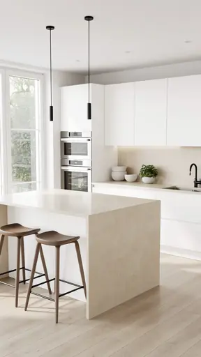 cuisine minimaliste après cuisson lumière naturelle douce ambiance chaleureuse et calme