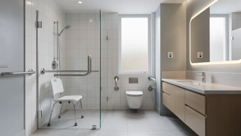 Salle de bain pour handicapé moderne et accessible avec douche à l'italienne et barres d'appui sécurisées