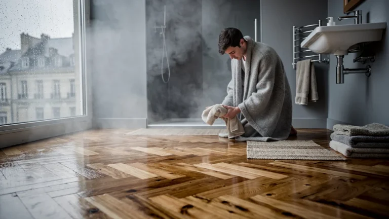 Parquet massif dans une salle de bain à Nantes en hiver, illustrant les enseignements du froid et de l’humidité