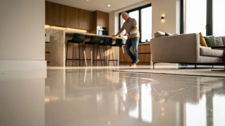 Sol en résine époxy 3 mm après 18 mois d’usage quotidien, aperçu réaliste de l’usure