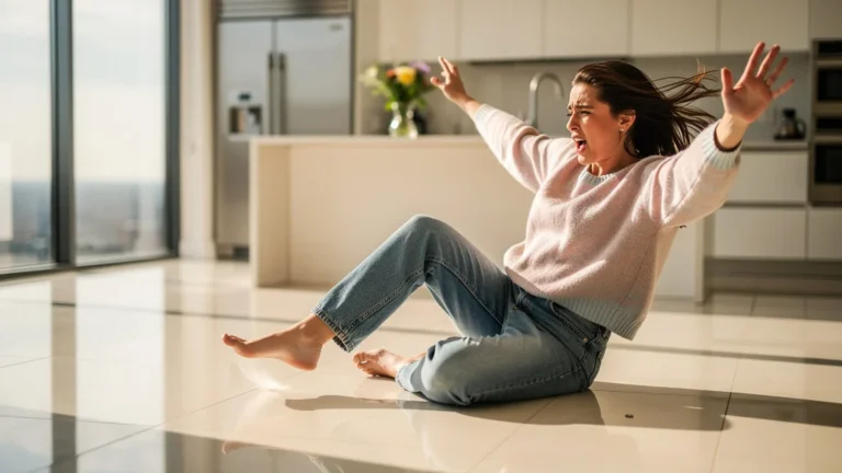 Femme glissant sur un carrelage trop lisse dans une cuisine moderne, illustrant une chute dangereuse
