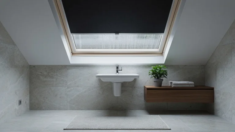 Salle de bain nord transformée par un store occultant Velux, ambiance lumineuse et intime