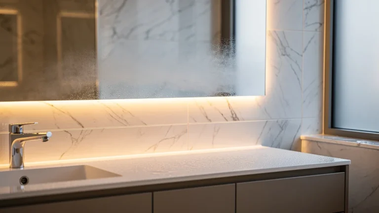 Installation d’éclairage indirect derrière miroir transformant l’ambiance chaleureuse et moderne de la salle de bain