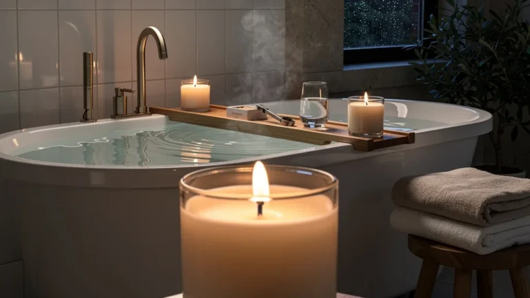 Bain avec 3 bougies Durance en cire végétale, mèche coupée au millimètre, ambiance cocooning