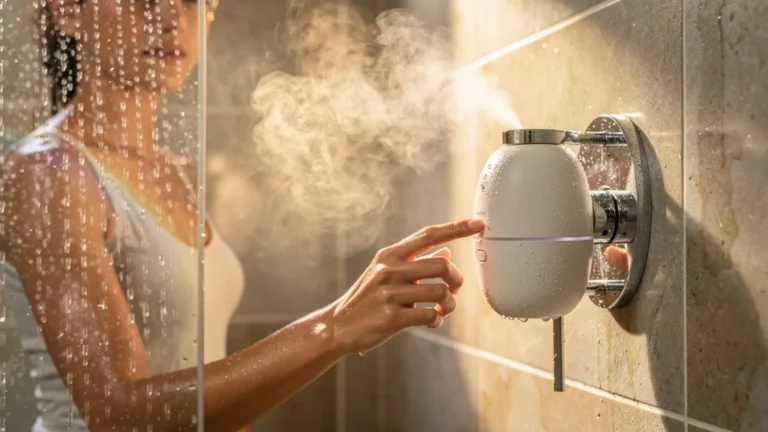 Diffuseur d'huiles essentielles waterproof dans une douche moderne, ambiance spa humide et lumineuse