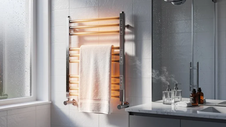 Porte-serviettes chauffant moderne à 80 euros avec capteurs de température dans une salle de bain lumineuse