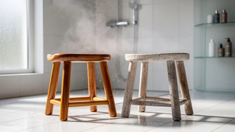 Deux tabourets de douche en teck, un huilé et un brut, résistants après un an d'utilisation