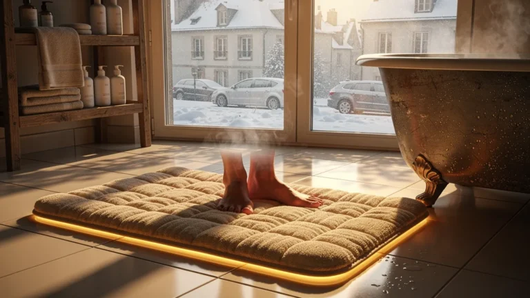 Tapis de bain chauffant avec double isolant utilisé tout l'hiver dans une salle de bain à Rennes
