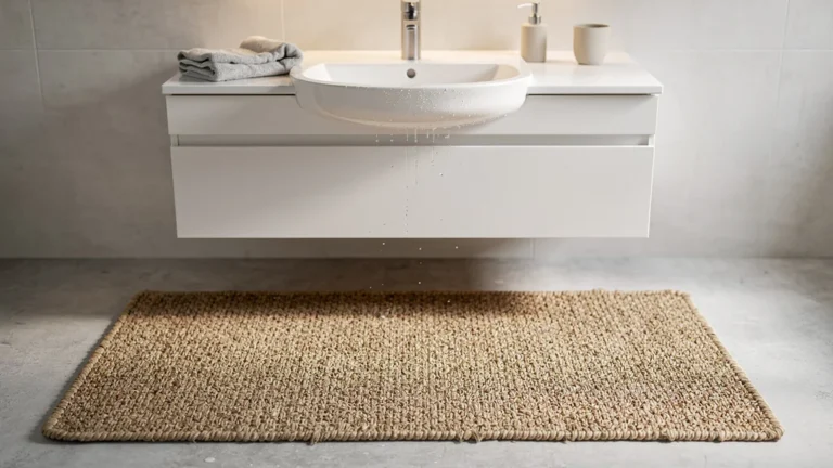 Jonc de mer 60x90 devant vasque, test de six semaines en milieu humide