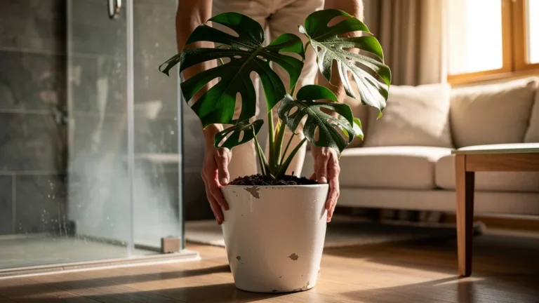 Monstera testée à 70 % d’humidité pendant 4 mois puis remise au salon, photo réaliste