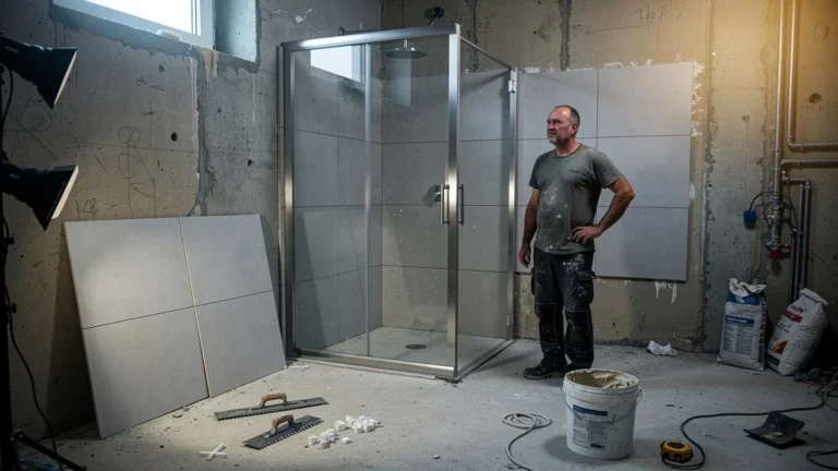 Cadre inox 70x100 douche posé trop tôt avant le carrelage 30x60 dans une salle de bain en rénovation