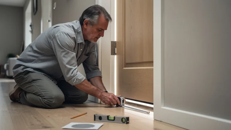 Homme mesurant le passage d’air sous une porte pour une VMC simple flux dans un intérieur réaliste