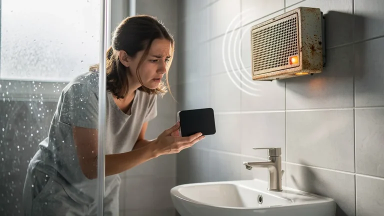 Femme dans salle de bain moderne choisissant une ventilation silencieuse pour remplacer un bruit de VMC gênant