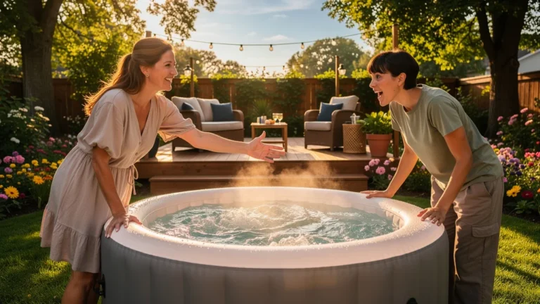 Soeurs découvrant un spa gonflable dans un jardin ensoleillé, moment de surprise et complicité