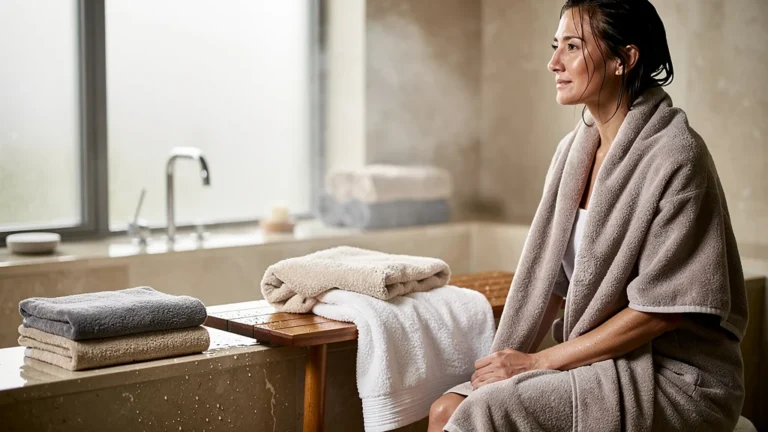 Comparatif de trois serviettes 700 g/m² dans une salle de bain élégante, image de test confort