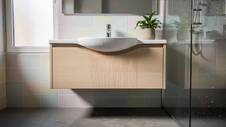 Meuble vasque suspendu avec traces d’humidité après deux ans d’utilisation dans une salle de bain moderne
