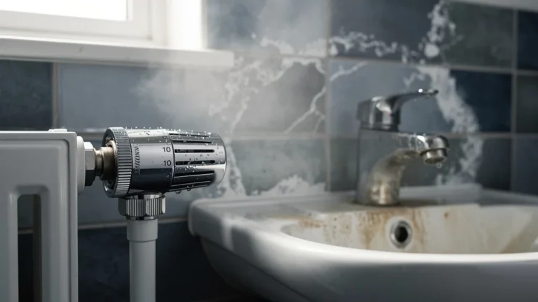 Comparaison hyperréaliste entre robinets thermostatiques et mitigeurs classiques avec traces de calcaire