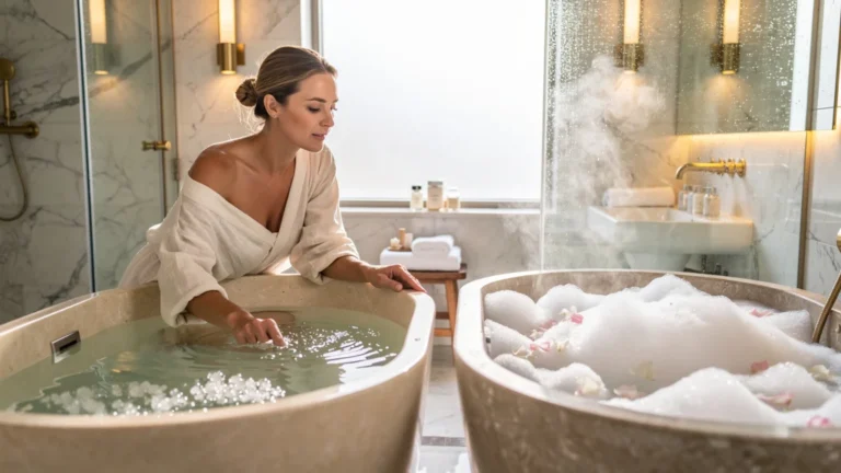 Comparatif des sels d'Epsom et des bains moussants parfumés dans une salle de bain spa