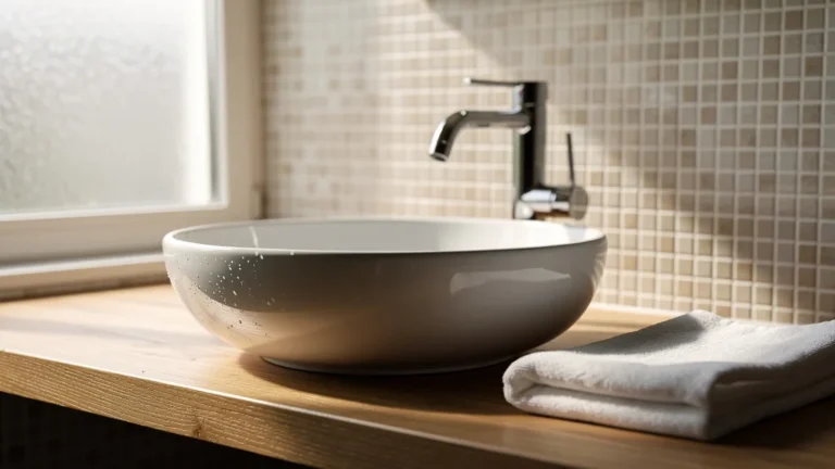 Vasque à poser ronde en céramique blanche dans une salle de bain moderne, éclairage naturel et ambiance quotidienne