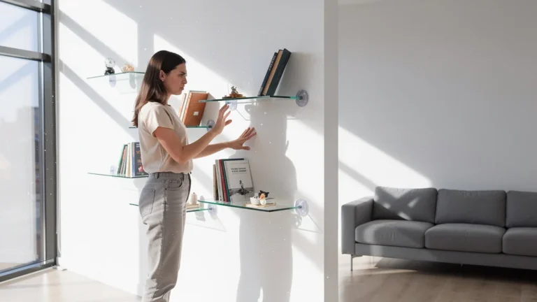 Femme frustrée avec étagères ventouses instables sur mur sans niche murale prévue