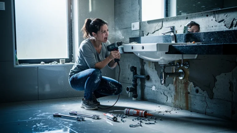 Femme réparant un mitigeur mal positionné après avoir percé à nouveau la surface