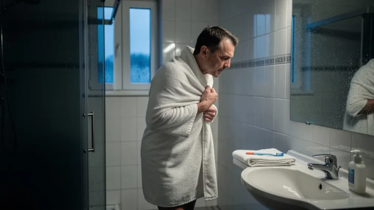 Salle de bain froide avant la douche, illustrant le regret de ne pas chauffer sa salle de bain le matin