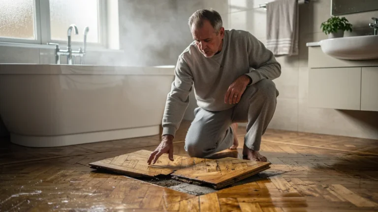 Parquet salle de bain abîmé par l'humidité, deux lames gonflées faute d'huile