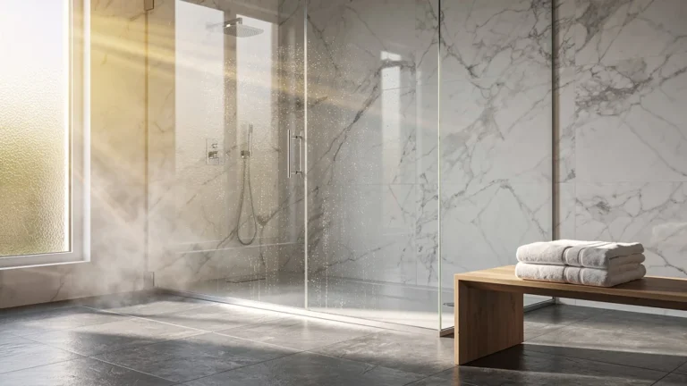 Douche moderne avec paroi fixe en verre transparent, rendant la douche plus agréable et élégante