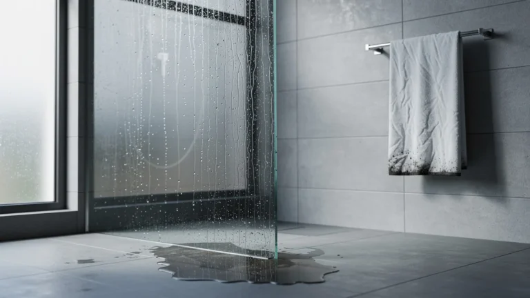 Salle de bain d’appartement avec paroi de douche sans profilé causant fuite d’eau