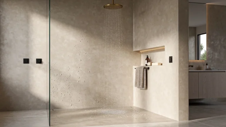 Douche à l’italienne en tadelakt, alternative élégante au carrelage, pour illustrer le choix du revêtement