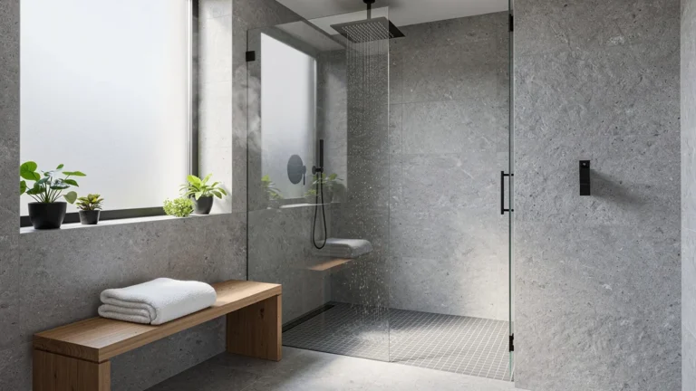 Salle de bain de 6 m² avec douche italienne moderne et absence de baignoire, design optimisé et lumineux