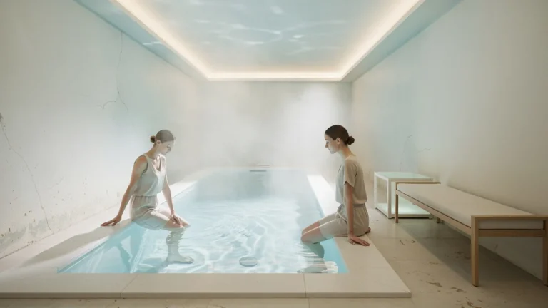 Intérieur hyper-réaliste d’une pièce d’eau sans fenêtre avec couleurs claires et ambiance lumineuse apaisante