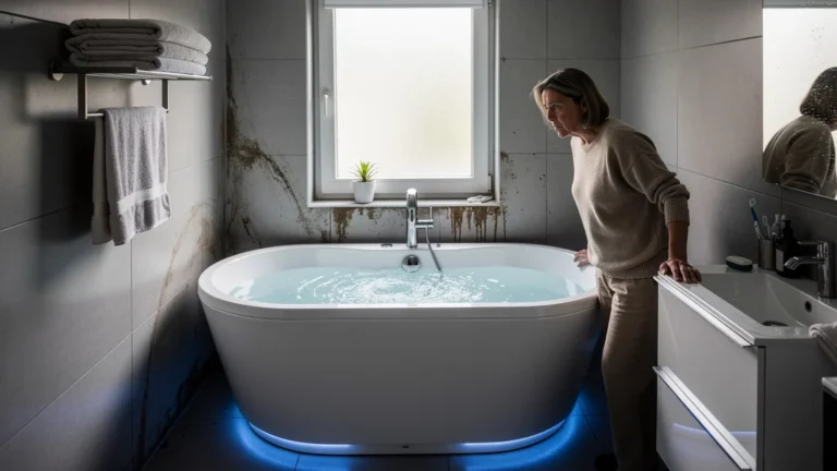 Femme déçue près d’une baignoire balnéo trop volumineuse dans un petit appartement moderne