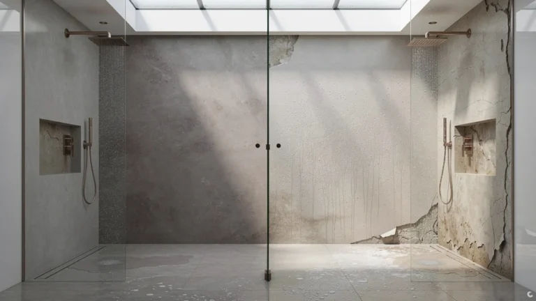 Douche en béton ciré durable face à une peinture piscine écaillée, comparaison réaliste pour article SEO