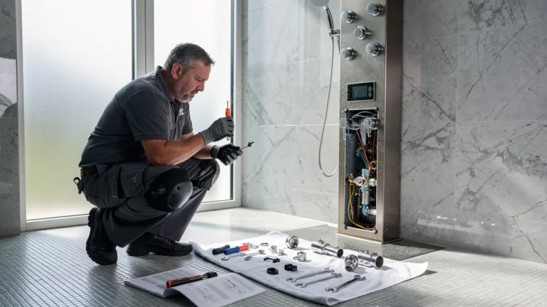 Technicien sceptique démontant une colonne de douche hydromassante moderne dans une salle de bain réaliste