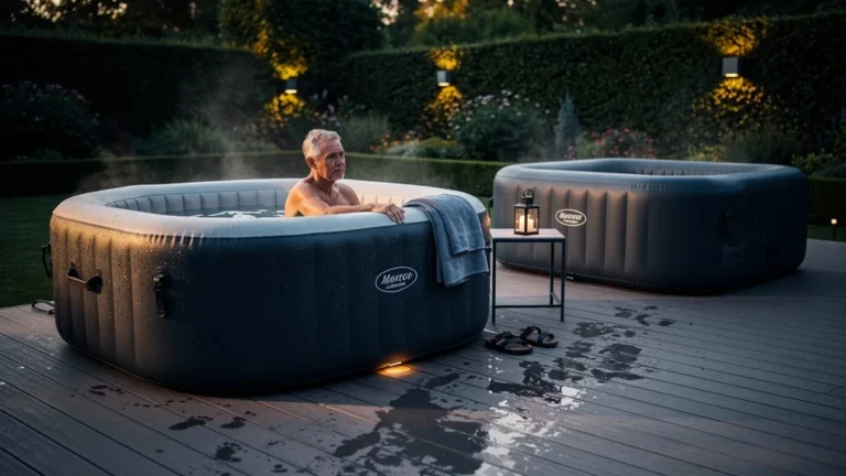 Spa gonflable Intex face à un Zodiac après deux saisons, comparaison en terrasse dans un décor réaliste