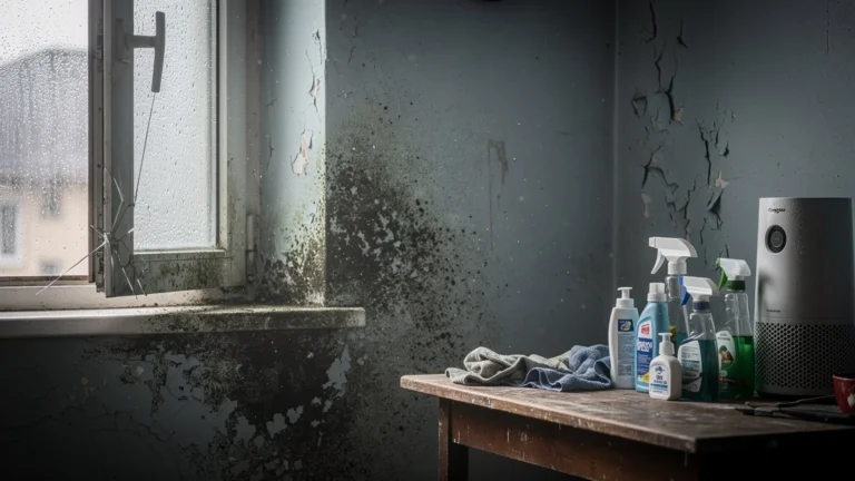 Traces de moisissure sur mur intérieur causées par mauvaise aération en deux mois