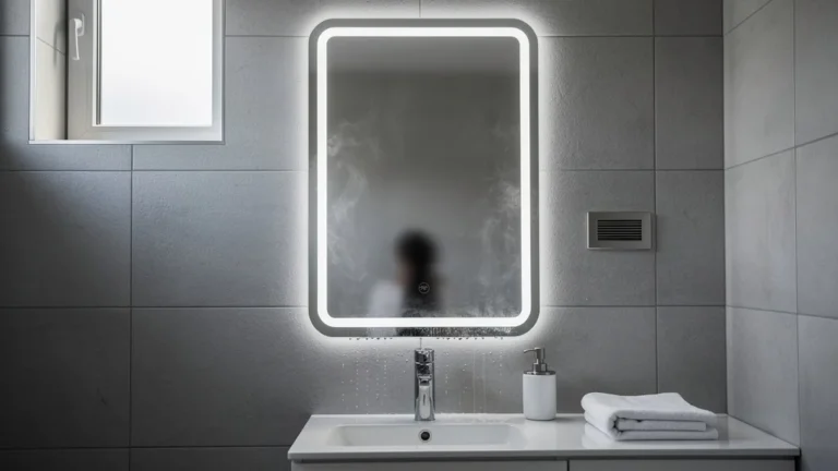 Test ultra-réaliste d’un miroir antibuée à LED dans une salle de bain moderne de 4 m²