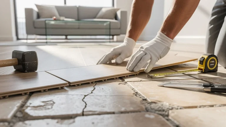 Test d’un revêtement vinyle clipsable pour remplacer un ancien carrelage dans une pièce moderne lumineuse