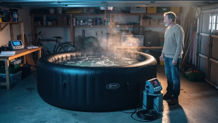 Test d’un spa gonflable 4 places dans un garage à 12 degrés avec suivi de consommation