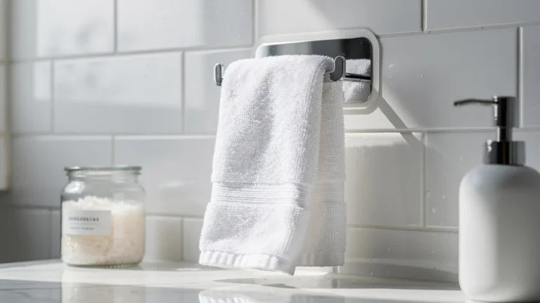 Crochet adhésif 5 kg tenant une serviette après 6 semaines, test de résistance en salle de bain moderne