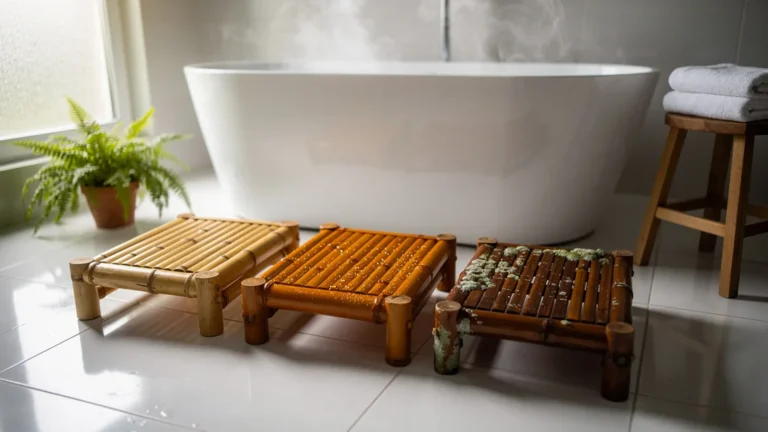 Photo réaliste de trois repose-pieds de baignoire en bambou avec différentes finitions, montrant début de moisissure