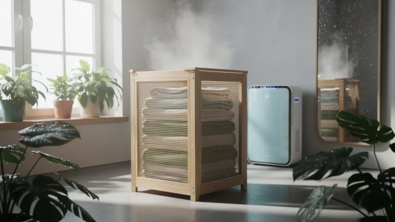 Panier à linge ventilé dans une zone humide intérieure, illustrant la gestion de l’humidité