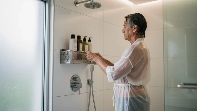 Installation d’une étagère à 1m20 sous la douche pour soulager le dos, retour après plusieurs jours