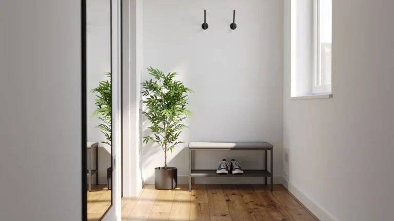 Détail ultra-réaliste patère décalée optimisant passage dans un appartement de 4 m2