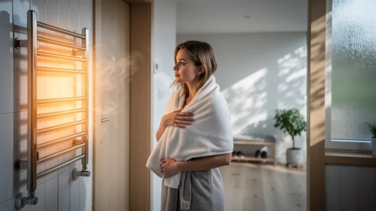 Sèche-serviettes côté entrée réchauffant un rituel matinal dans une salle de bain moderne et lumineuse