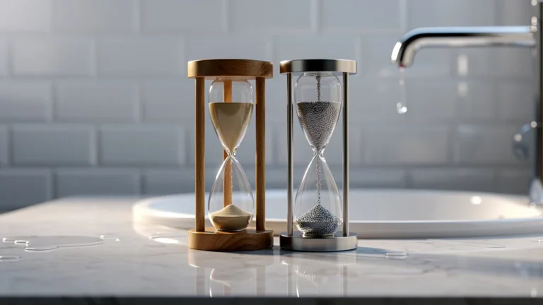 Comparaison hyperréaliste de deux sabliers de douche pour un rituel précis de 5 minutes