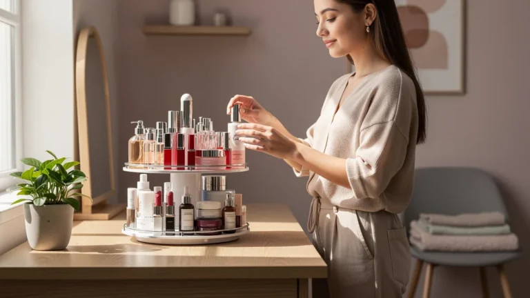 Range-cosmétiques rotatif organisé testé dans un espace de 4 m², optimisant le rangement beauté.